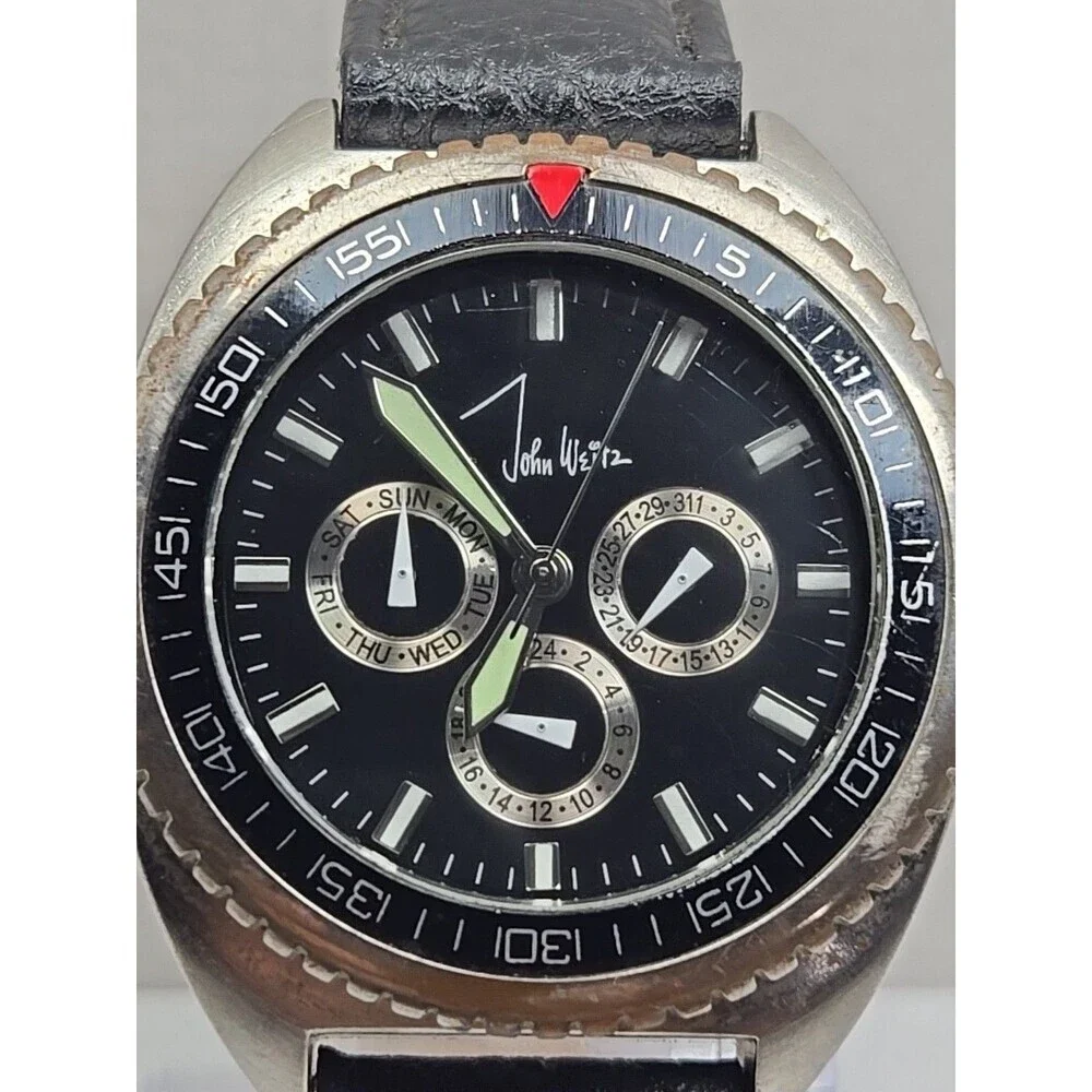 John Weitz JW209 Mens Day Date 24 Hour Black Dial Leather Wristwatch New Battery